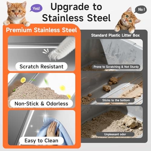 Stainless Steel Cat Litter Box, Odor Free Metal Litter Box with High Sides Lid, Open Top Low Entry Litter Pan Include Scoop Easy Cleaning Anti-Scratch Kitty Cat Box Anti-Urine Leakage, Non-Sticky, M - Thumbnail 3
