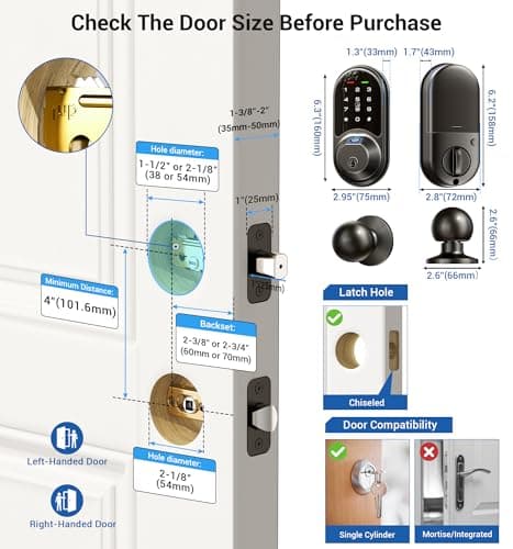 Veise RZ07C Smart Locks for Front Door, 2 Knob Handle Set, Fingerprint Keyless Entry, App Control Biometric Lock, Electronic Digital Touchscreen Keypad Deadbolt, Easy Install, Auto Lock, Matte Black - Thumbnail 6