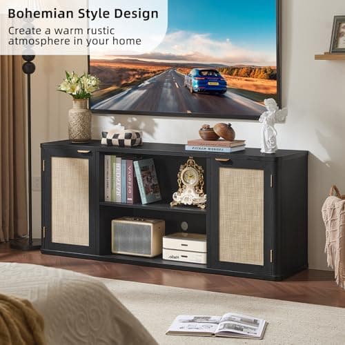 LEYAOYAO Rattan TV Stands for Living Room, Boho Entertainment Center with Storage and Open Shelf, Wood Media Console for 50-65 Inch TV, Black - Thumbnail 5