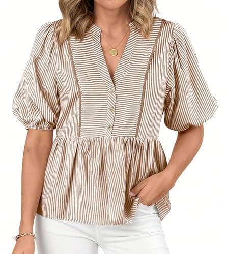 dowerme Womens Summer Tops 2026 Fashion Lantern Short Sleeve V Neck Button Peplum Shirts Spring Stripes Babydoll Blouses(Brown,X-Large) - Image 1