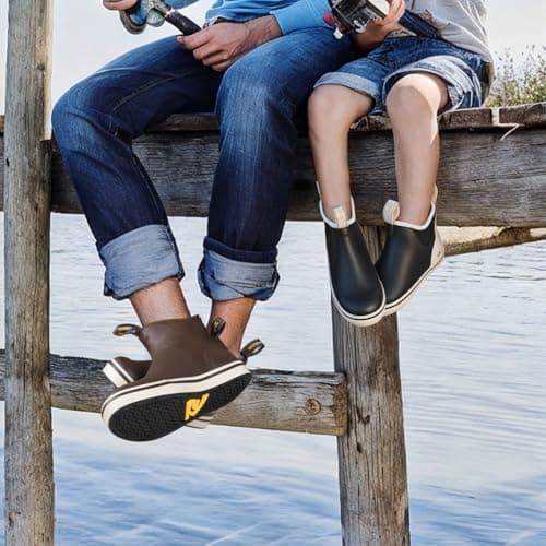Kalkal Men's Deck Boots Anti-Slip Saltwater Fishing Rain Boots with Memory Foam, Waterproof Rubber Ankle Work Boots for Sailing (Dark Brown, Size8) - Thumbnail 2