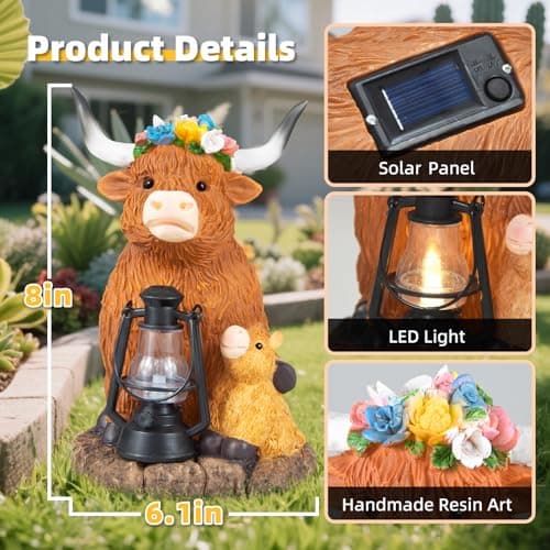 Highland Cow Solar Lights, Solar Powered Statues for Garden,Outside Decor with Latern for Yard Birthday Easter Gifts for Grandma Mom Women Funny Decorations for Yard and Patio Gifts - Thumbnail 3