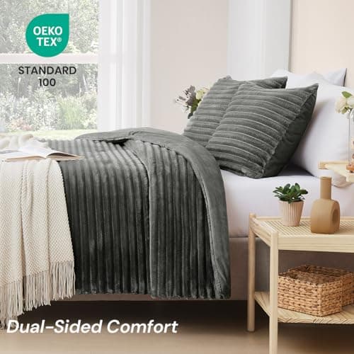 Geniospin Fleece Queen Comforter Set, Soft Fuzzy Queen Bedding Sets, 3-Pieces Gray Comforter Set for All Season, Warm Fluffy Comforter with 2 Pillow Cases - Thumbnail 3