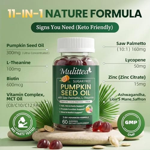 (2 Pack) Pumpkin Seed Oil with Saw Palmetto Gummies, Plus L-Theanine for Mood, Hair & Prostate Support* -Virgin Cold Pressed, Essential Fatty Acids & Phytosterols |Non-GMO| for Women & Men-60 Chews - Thumbnail 2