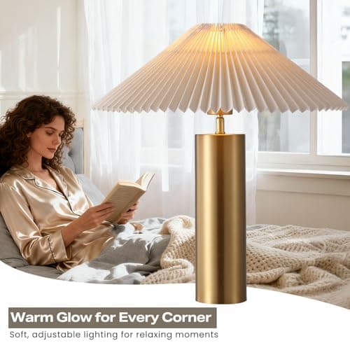 YJSQOEOE Modern Table Lamp with Pleated Blade Lampshade and Cylindrical Base, E26 Bulb Compatible, Contemporary Accent Light for Living Room, Bedroom, Office (Gold) - Thumbnail 5
