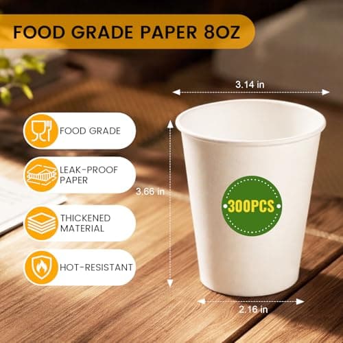 Biotakeware 8 oz Paper Coffee Cups, 300 Pack Bulk White Disposable Paper Cups for Hot & Cold Beverages, Sturdy with Leak-Resistant Lining, Ideal for Office, Party, Home and Travel - Thumbnail 4