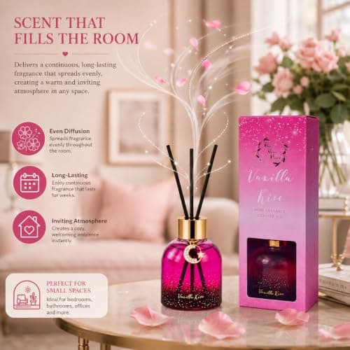 Reed Diffuser Set, Pretty Valley Home Diffuser 80Ml / 2.7 fl OZ Gift Box - Includes Reed Diffuser Sticks, Long Lasting Fragrance Oil and Glass Bottle for Office Living Room Decor (Vanilla kiss) - Thumbnail 4