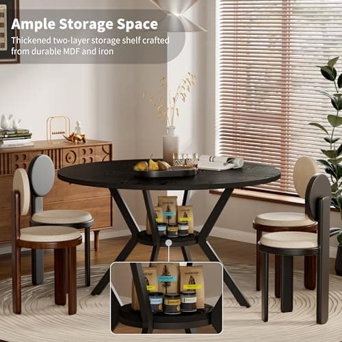 Black Dining Table for 2-4, 42 Inch Round Kitchen Table with Storage, Wooden Circle Dinner Table with Metal Legs, Rustic Mid Century Modern Dining Room Tables for Kitchen, Living Room, Dining Room - Thumbnail 2