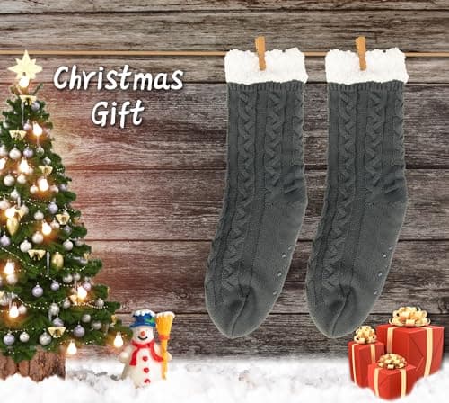 BenSorts Winter Thick Slipper Socks for Men Gift Warm Cozy Soft Fleece House Socks Slipper Non Skid with Grippers Stocking Stuffers Christmas Gifts Gray - Thumbnail 5