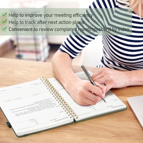 WEMATE Meeting Notebook for Work B5 (7"x10") - PU Leather Work Notebook with Agenda, Action Items & Notes - 200 Pages for Men&Women, Staff and Students, Meeting, Projects Planning - Olive Green - Thumbnail 4