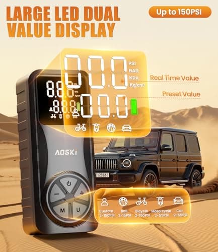 AOSKI Tire Inflator Portable Air Compressor: 150PSI Rechargeable Air Pump with Digital Pressure Gauge, LED Light and Auto Shut-Off - Fast Inflation for Car, Motorcycle, Bike, and Ball - Black - Thumbnail 5