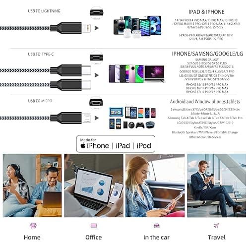 Multi Charging Cable 4ft 2Pack, Doub Tyep-C 4 in 1 Charging cable Nylon Braided Lightning iPhone Charger,Universal Charger Phone Cord With Type-C,Micro USB,IP Port for iPhone17-5/Android -Black Grey - Thumbnail 6