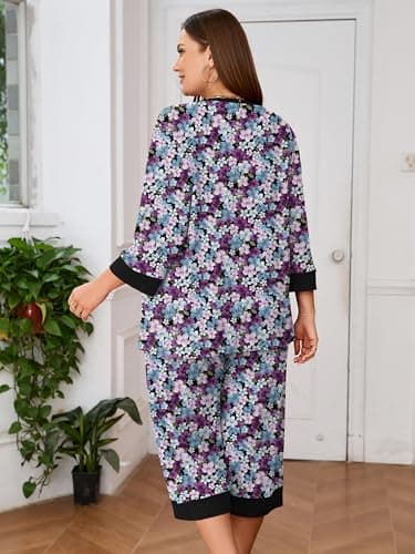 AusLook Women’s Plus Size Pajama Sets Floral 3/4 Sleeve Nightwear Top and Capri Pants 2 Piece Lounge Set with Pockets - Thumbnail 5