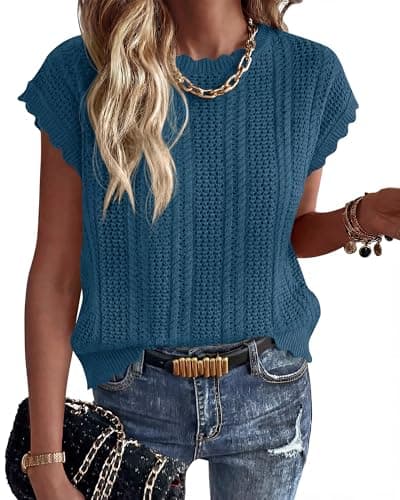 KIRUNDO Crochet Tops for Women Cap Short Sleeve Sweater Vest 2026 Spring Summer Cable Knit Pullover Beach Vacation Outfits(Dusty Blue, Small) - Image 1