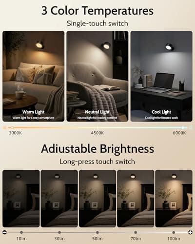LED Wall Mounted Lights, Rechargeable Wall Sconces with Remote & Touch Control, 3 Color Temperatures 360° Rotation Dimmable Cordless Wall Light for Bedroom Study Reading Bedside (Black, 3 Pack) - Thumbnail 6