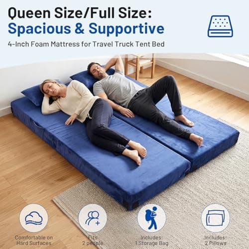 Easthome Memory Foam Camping Mattress Pad with Pillow - Extra Thick 4 Inch Sleeping Pad for Camping, Waterproof Roll Up Single Mattress Topper Bed for Adults Guest Car Tent, Travel Bag, Navy Blue - Thumbnail 4