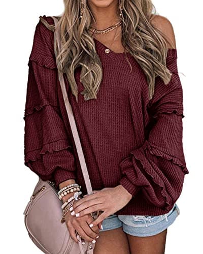 BTFBM Women’s V Neck Long Sleeve Blouse Loose Fit Tunics Ruffles Off Shoulder Waffle Knit Solid Color Tops Fall Tee Shirts(Solid Wine Red,Medium) - Image 1