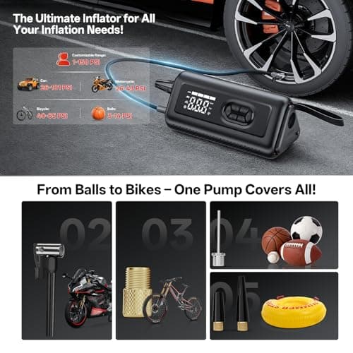 Tire Inflator Portable Air Compressor with Electric Air Duster and Car Jump Starter: 150PSI Cordless Bike Pump - 130000RPM - 1000A up to 6.0L Gas and 3.0L Diesel Engine for Cars, Outdoor, Home - Thumbnail 4