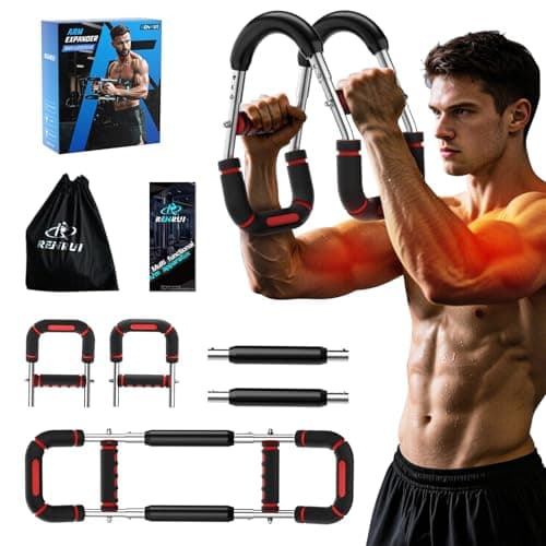 RENRUI Twister Arm Trainer, Chest Workout Equipment for Men & Women, Adjustable 5 Resistance Levels (40-130 lbs) Ergonomic Home Gym Strength Trainer with Anti-Slip Handles & Carry Bag (Red&Sliver)