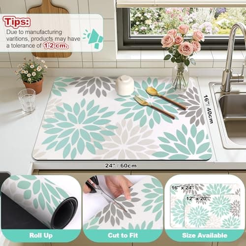 Findosom Floral Dish Drying Mat, 16" x 24" Super Absorbent & Hide Stain Coffee Mat, Cuttable Drying Mat for Kitchen Counter, Under Dish Rack, Coffee Maker, Espresso Machine, Teal - Thumbnail 2