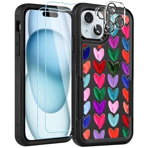 LOQUPE [5 in 1 for iPhone 15 Plus Case,with 2 Pack Screen Protector + 2 Pack Camera Lens Protector,Heavy-Duty Tough Rugged Lightweight Slim Shockproof Protective for Women,Cute Oil Painting Heart - Image 1