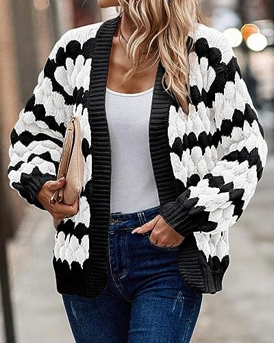 KIRUNDO Women's Cardigans 2026 Fall Trendy Open Front Chunky Color Block Lantern Sleeve Cute Striped Cable Knit Winter Sweater Coat Fashion Clothes(White, Large) - Thumbnail 3