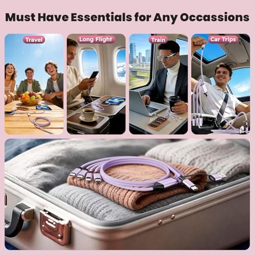 4 in 2 USB A/USB C Cable with 3 Type-C+ 1IP Ports, USB C Splitter Multi Charging Cables for Multiple Devices, Travel Essentials Car Charger Cord for iPhone17-12/Android/Pad and More (1Pack 5FT Purple) - Thumbnail 6