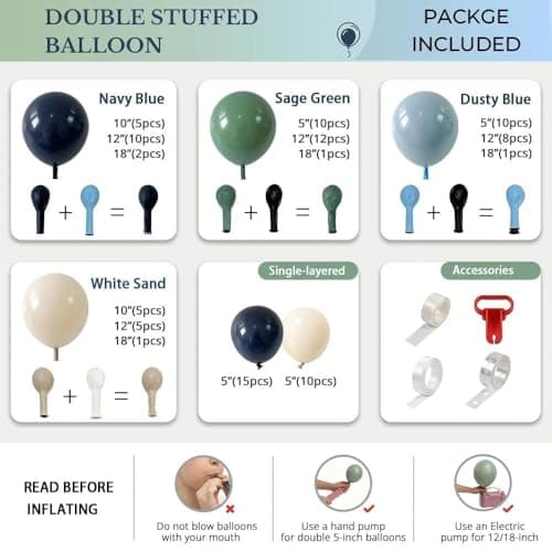 Double Stuffed Navy Blue & Sage Green Balloon Garland Arch Kit, Multi-size Matte Dusty Blue Sand Latex Balloons for Baby Shower,Gentleman Party,Birthday,Fathers Day,Graduation,Coastal Wedding - Thumbnail 4