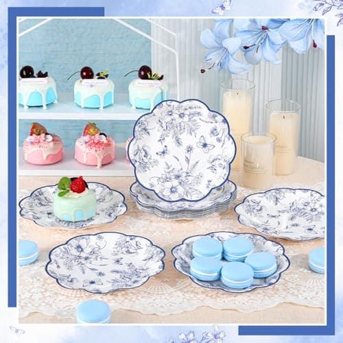 NatNarr 30 Pcs Blue Floral Paper Plates, 7 Inch Tea Party Plates Vintage Chinoiserie Flower Plate Disposable Blue and White Dessert Plate for Spring Garden Party Baby & Bridal Shower Birthday Wedding - Thumbnail 5