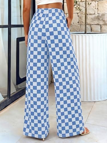 BTFBM Womens Checkered Palazzo Pants Wide Leg High Waisted Pockets Gingham Casual Lounge Pajama Trousers Summer Outfits(Plaid Blue,XX-Large) - Thumbnail 2