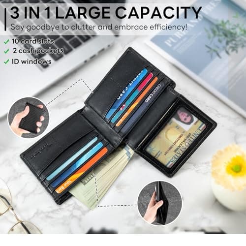 Travelambo Black Wallet for Men, Premium Classic Leather RFID Blocking Mens Wallet, 10 Credit Card Holder Minimalist Front Pocket, Mens Bifold Wallet with 2 ID Window - Thumbnail 3