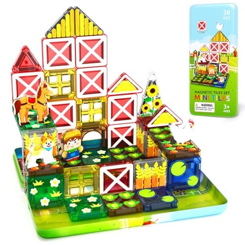 ORZbb Mini Magnetic Tiles Farm Animal Toys Toddler Travel Essentials Set with Case, Kids Magnetic Blocks Montessori Education Learning Sensory Preschool Toys for 3+ Year Old Boys Girls Gifts
