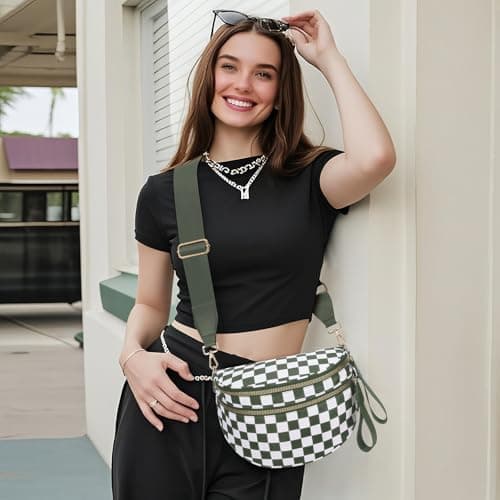 WOOMADA Checkered Crossbody Bag Bum Bag for Women, Fanny Pack Checkered Purse, Belt Bag with Shoulder Strap(Army Green Checkerboard) - Thumbnail 5