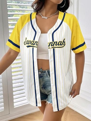 Baseball Jersey for Women Baseball Player Shirt Game Day Fan Striped Baseball Player Button Down Short Sleeve Tops Yellow-White - Thumbnail 3