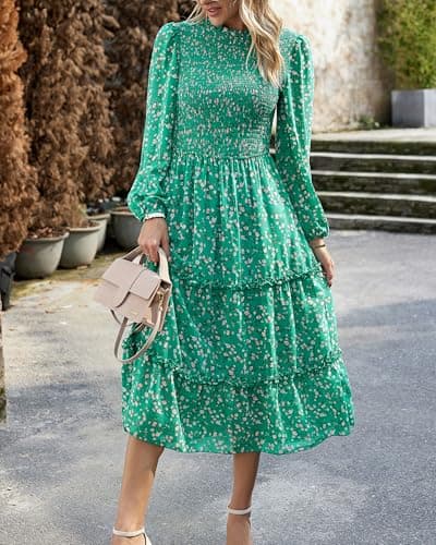 NOLLSOM Women 2025 Fall Dress Floral Casual Long Sleeve Crew Neck Ruffle A-Line Flowy Floral Boho Wedding Guest Maxi Dresses(Green Pink Flower,Small) - Thumbnail 3