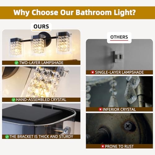 TYhogar Modern Crystal Vanity Lights, 3-Light Black Bathroom Light Fixtures with Clear Shades, Bathroom Lighting Fixtures Over Mirror Wall Light for Hallway, Decoration,Bedroom（Exclude Bulb） - Thumbnail 5