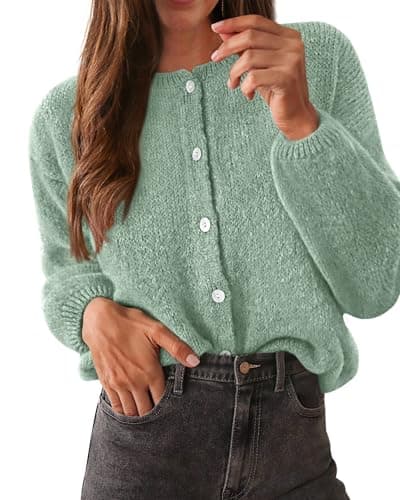 KIRUNDO Cardigan Sweaters for Women Fall 2026 Crewneck Button Up Sweater Tops Casual Loose Open Front Knit Outerwear Coats(Sage Green, Large) - Image 1