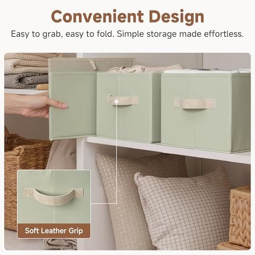 StorageWorks Storage Baskets for Shelves, Closet Organizers and Storage Basket, Fabric Clothes Organizer with Leather Handles, Light Green, 3-Pack, Large - Thumbnail 6