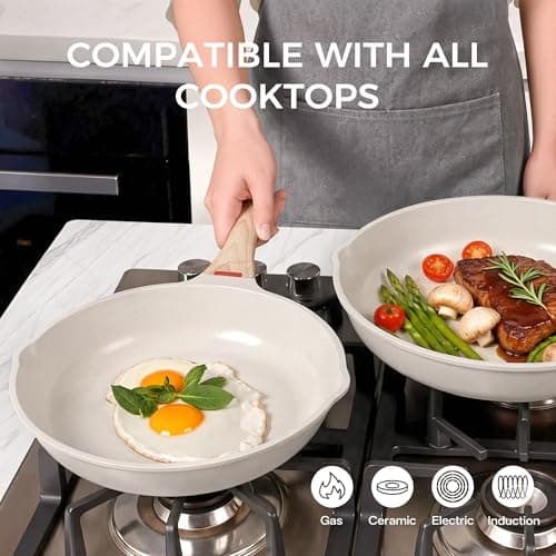 Foorey Home Nonstick Frying Pan Heat-Resistant Handle Ceramic Skillet PFOA Free Cookware Induction Compatible Cooking Pan (White, 9.44 Inch) - Thumbnail 5