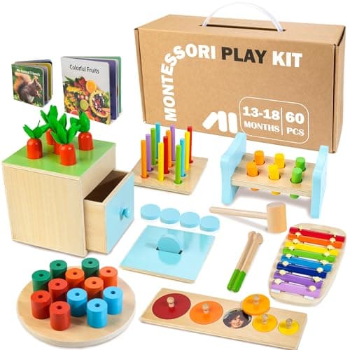 WOODMAM Wooden Montessori Toys for 1+ Year Old, 9 in 1 Learning Educational Toys for Toddler with Educational Box, Xylophone, Pound Bench, Shape Puzzle and More, Baby Toy Gift for 13-18 Months - Image 1