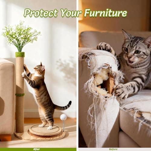 Catails Cute Babys Breath Flower Cat Scratching Post, 39" Tall Cat Scratcher, Interactive Cat Toys with Ball Track & Spring Ball, Cat Scratch Post with Pad for Indoor Cats Adults and Kittens - Thumbnail 6