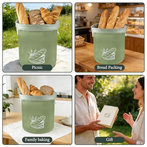 Sourdough Bread Bags for Homemade Bread, Aesthetic 16oz Canvas Stand-Up Reusable Bread Bag, Hard Bottom Bakery Keeper with Waterproof TPU Lining, Modern Sage Green - Thumbnail 6