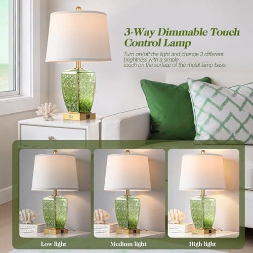 QiMH Glass Table Lamps for Living Room, Modern Bedside Lamps for Night Stands with USB A+C Ports, 3-Way Dimmable Touch Lamp for Bedroom Set of 2 with White Linen Shade Home Decor, Green - Thumbnail 2