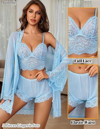 Avidlove Womens Lingerie Set 3 Piece Lace Bralette and Panty Sets With Mesh Short Robe Sleepwear Exotic Nightgown Light Blue - Thumbnail 2