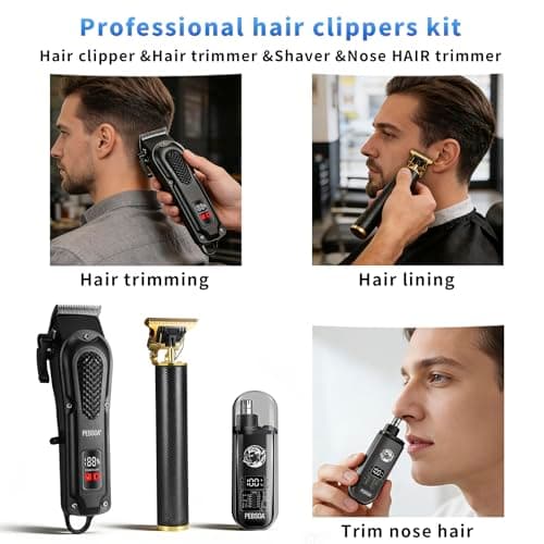 pebsoa® Professional Men's Hair Trimmer Set, Cordless Hair Clippers for Men, Includes a T-Shaped Trimmer and a Nose Hair Trimmer,LCD Battery Level Display（Black） - Thumbnail 5