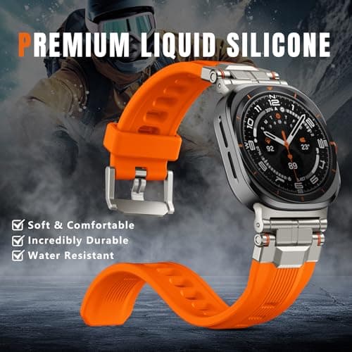 Bandletic Liquid Silicone Bands Compatible with Samsung Galaxy Watch Ultra Band 47mm for Men Women 2025 2024 - Soft Sport Strap with Stainless Steel Buckle - Orange Band with Titanium Connector - Thumbnail 5