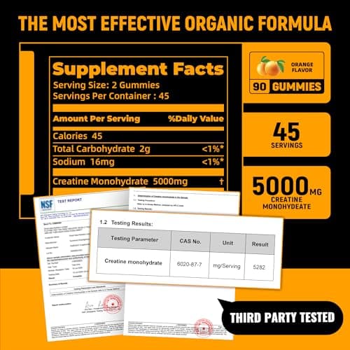 Parhaat NSF Certified Creatine Gummy - Creatine Monohydrate Gummies 5g for Men & Women - Boost Focus,Strength, and Endurance, Vegan, Gluten-Free, Non-GMO, 2.5 Gram Creatine per Gummy (Orange 90 ct) - Thumbnail 2