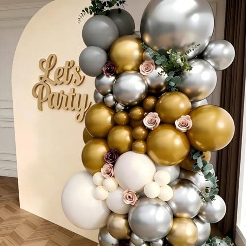 Silver Grey Balloon Garland Arch Kit 143Pcs Sand White Grey Metallic Silver Gold Latex Balloons for Bridal Shower Anniversary Engagement Wedding Birthday Party Decorations - Thumbnail 6