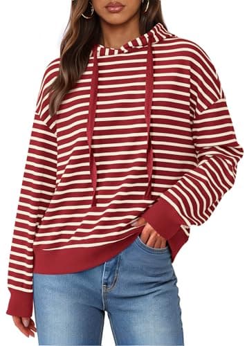 KIRUNDO Sweatshirt For Women Casual Loose Striped Long Sleeve Drawstring Hoodie Pullover Hooded Tops Fashion Clothing(Red, Medium) - Image 1