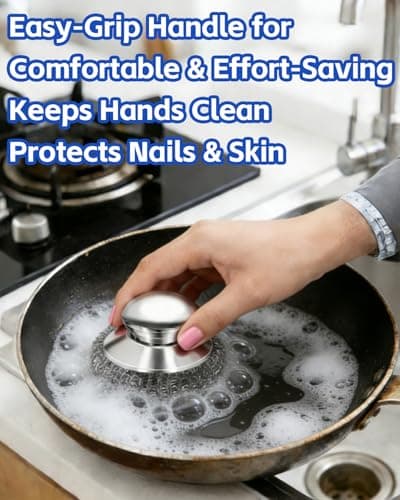 Stainless Steel Scrubber with Handle, Heavy Duty Steel Wool Scrubbers for Pots and Pans, Cast Iron, Steel Wool Scouring Pads for Stove, Oven, Grill, Kitchen, Sink Cleaning - Thumbnail 2